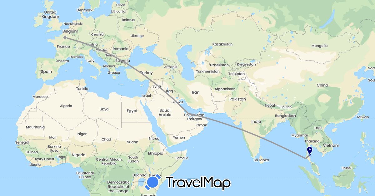 TravelMap itinerary: driving, plane in France, Qatar, Thailand (Asia, Europe)