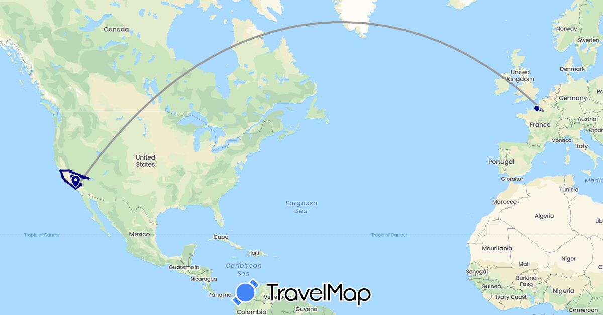 TravelMap itinerary: driving, bus, plane, cycling, hiking in France, United States (Europe, North America)